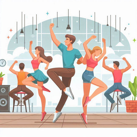 Happy young people dancing hip-hop at home, flat vector illustration.のイラスト素材
