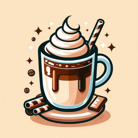 Coffee cup with whipped cream and cinnamon. Vector illustration.のイラスト素材