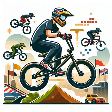 Mountain biker on the background of the city. Flat style vector illustration.のイラスト素材