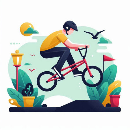 Cyclist riding a bicycle in the park. Flat vector illustration.のイラスト素材