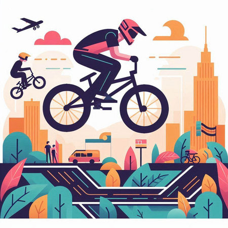 Cyclist riding bicycle in the city. Flat vector illustration.のイラスト素材