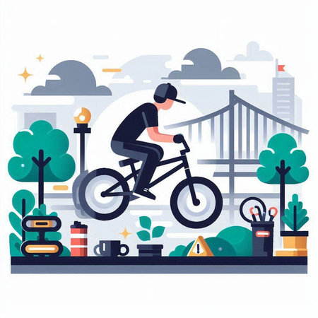 Cyclist in the park. Flat style modern vector illustration.のイラスト素材