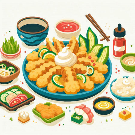 Japanese food vector illustration. Noodles, sushi, rolls and sauce.のイラスト素材