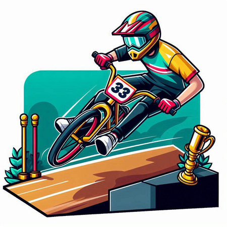 Cyclist on a mountain bike jumping over obstacles, vector illustrationのイラスト素材