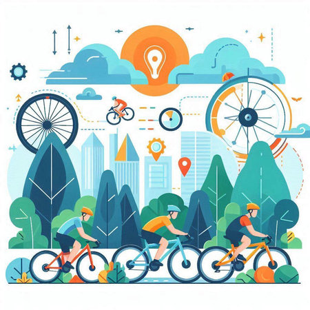 Cyclists in city park. Flat style vector illustration. Young people riding bikes.のイラスト素材