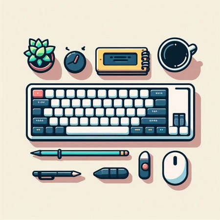 Flat design modern vector illustration concept of office desk with computer keyboard, mouse, coffee cup, notebook, pen, cactus and other objects.のイラスト素材