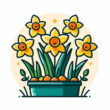 Flowerpot with daffodils. Vector illustration in flat style.のイラスト素材