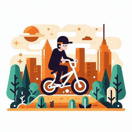 Cyclist in the city. Flat style vector illustration on white background.のイラスト素材