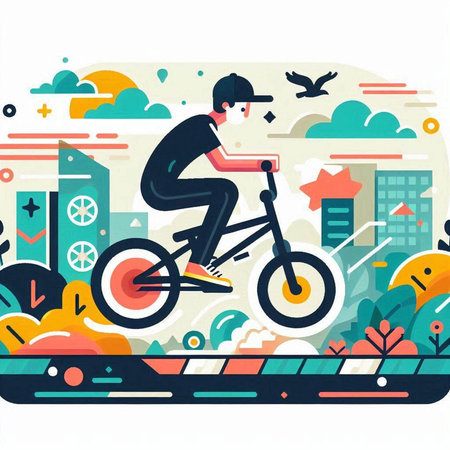 Cyclist riding a bicycle in the city. Flat vector illustration.のイラスト素材