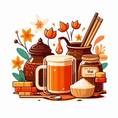 Vector illustration of honey, honey jar, honeycomb, honey dipper, wooden bowl with honey, honey dipper, honey jar with honey and honeycomb.のイラスト素材