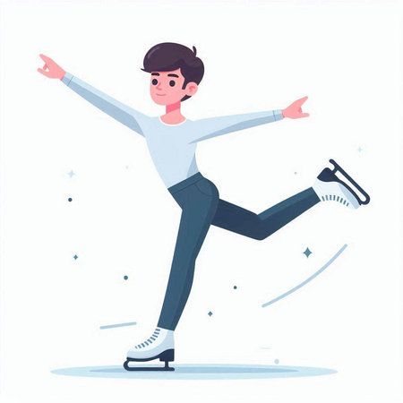Young man practicing figure skating on ice rink. Cartoon vector illustration.のイラスト素材