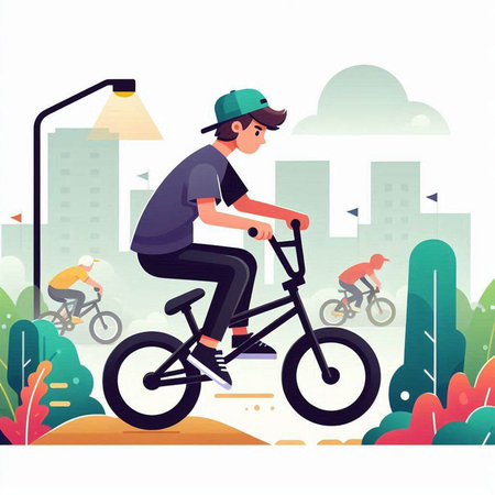 Cyclist riding a bike in the city. Flat design vector illustration.のイラスト素材