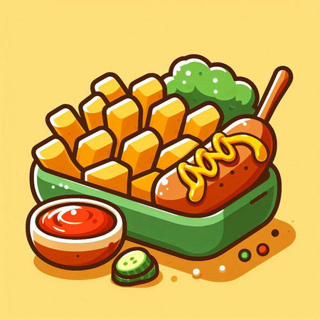 Vector illustration of hot dog with french fries and ketchup on yellow background.のイラスト素材