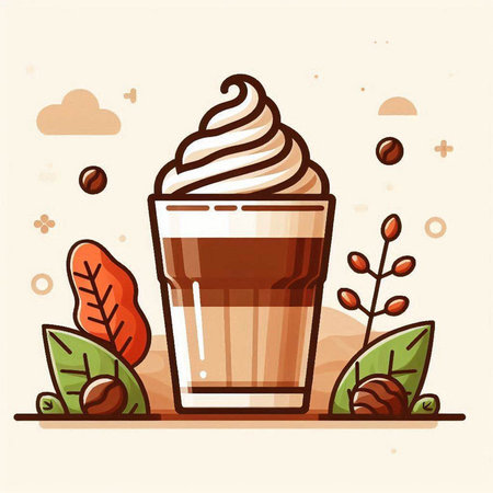 Coffee cup with whipped cream and coffee beans. Vector illustration.のイラスト素材