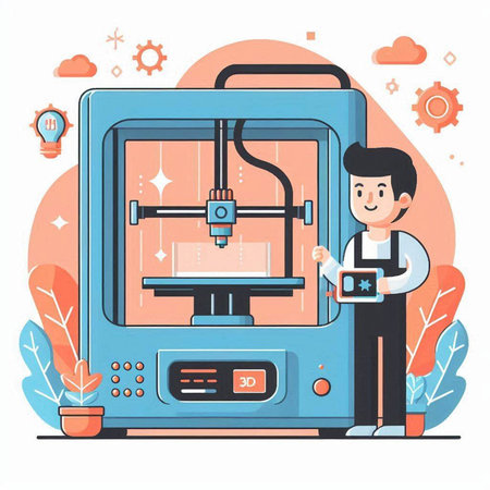 3D printer. Vector illustration in flat cartoon style. Isolated on white background.のイラスト素材