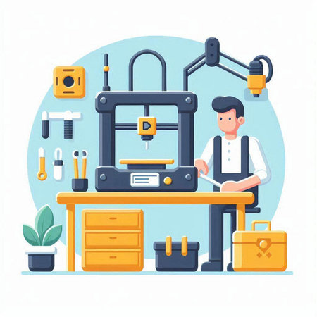 3d printer working in laboratory. Vector illustration in flat style.のイラスト素材