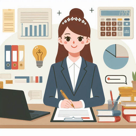 Business woman sitting at her desk and writing in her notebook. Vector illustration.のイラスト素材
