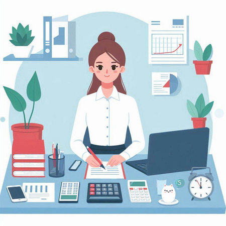 Vector illustration of a business woman working at her desk in the officeのイラスト素材