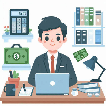 Illustration of a Businessman Working on His Laptop in the Officeのイラスト素材