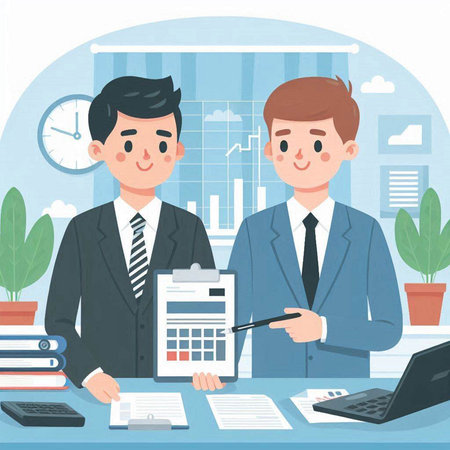 Businessman and businesswoman meeting in office. Flat style vector illustration.のイラスト素材