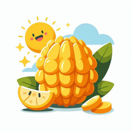 Illustration of a cute cartoon corn with leaves and sun on a white backgroundのイラスト素材