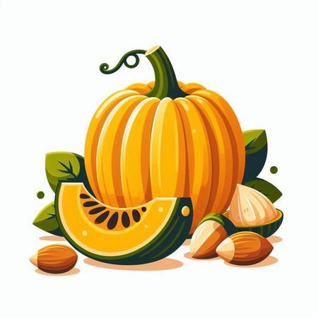 Pumpkin and nuts on a white background. Vector illustration.のイラスト素材