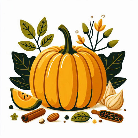 Pumpkin, cinnamon, garlic and leaves. Vector illustration.のイラスト素材
