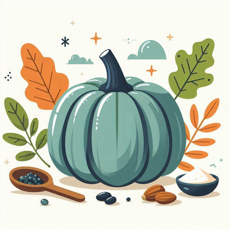 Pumpkin and autumn leaves, vector illustration. Flat style.のイラスト素材