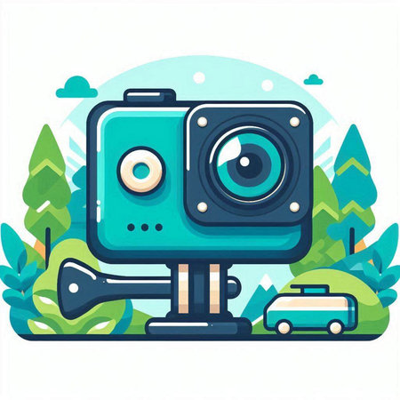 Vector illustration of a green retro camera on a background of nature.のイラスト素材