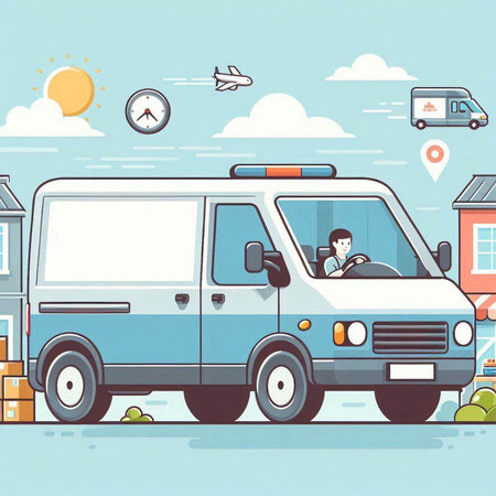 Vector illustration of a van on the background of the city. Cartoon style.のイラスト素材