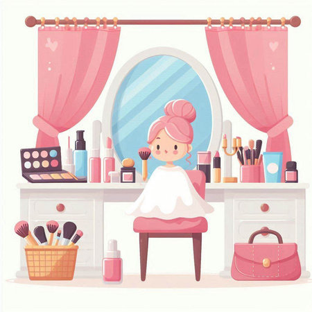 Makeup room with mirror and cosmetics. Vector illustration in cartoon styleのイラスト素材