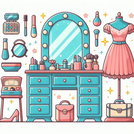 Fashion illustration with dressing table and accessories. Hand drawn vector illustration.のイラスト素材