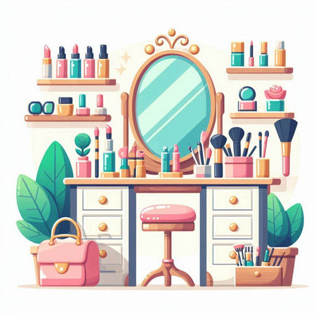 Makeup room with mirror and cosmetics. Flat style vector illustration.のイラスト素材