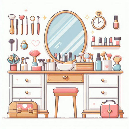 Vector illustration of a dressing table with make-up products and mirror.のイラスト素材