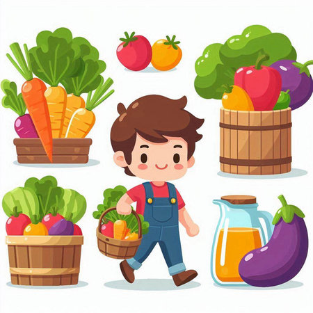 Cartoon little farmer boy with fresh vegetables. Vector illustration, isolated on white background.のイラスト素材