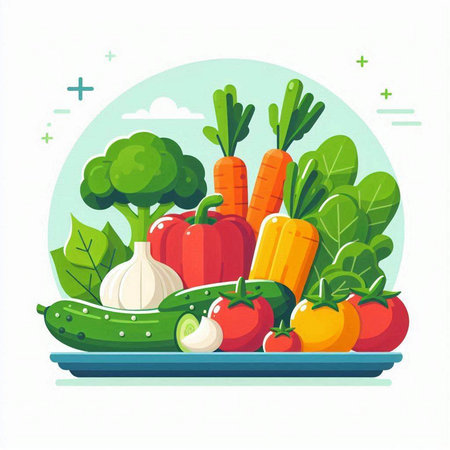 Vegetables on plate. Vector illustration in flat cartoon style.のイラスト素材