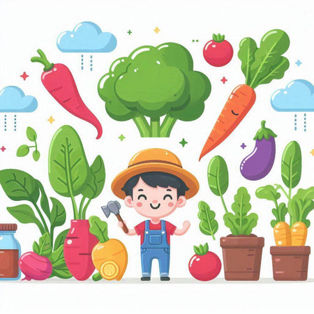 Cute little farmer with vegetables. Vector illustration in cartoon style.のイラスト素材