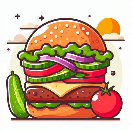 Hamburger with tomato and cucumber. Fast food. Vector illustration.のイラスト素材