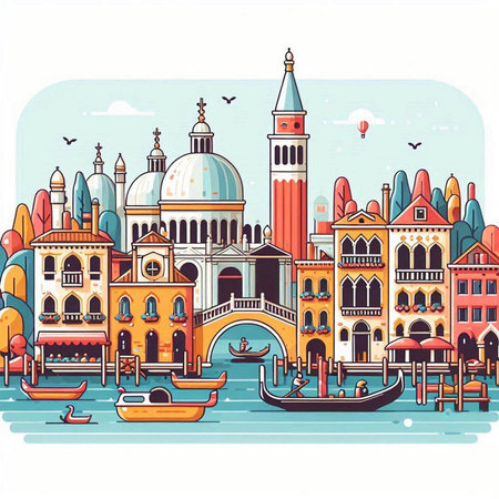 Venice, Italy. Colorful vector hand drawn illustration with gondolas, houses, streets and buildings. Travel background.のイラスト素材