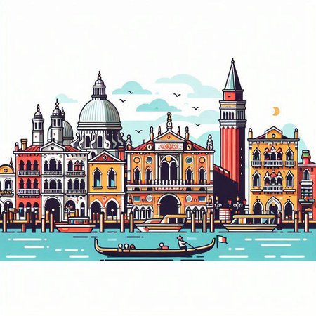 Venice Italy cityscape with gondolas. Vector illustration.のイラスト素材