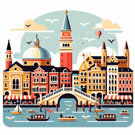 Venice, Italy. Vector illustration in flat style. Travel and tourismのイラスト素材