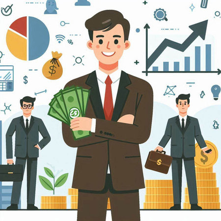 Businessman with money in his hands. Vector illustration in flat styleのイラスト素材