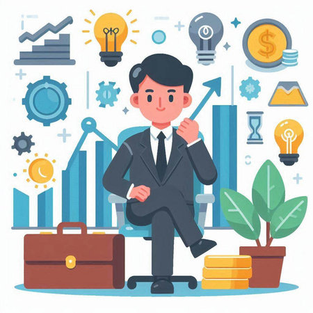 Businessman with a briefcase and business icons. Vector illustration.のイラスト素材