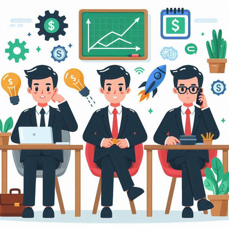 Business people working in office. Teamwork, brainstorming, brainstorming. Vector illustration in cartoon styleのイラスト素材