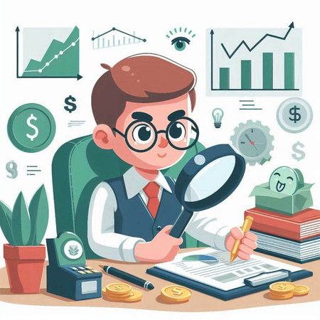 Businessman with magnifying glass and documents. Vector illustration in cartoon styleのイラスト素材