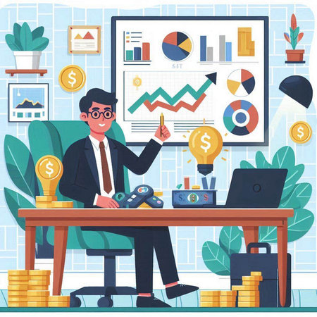 Businessman working in office. Vector flat cartoon graphic design illustration.のイラスト素材