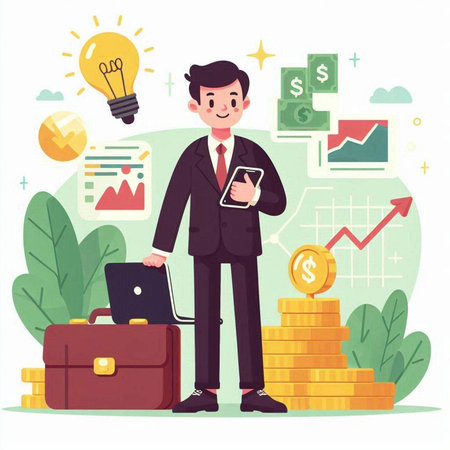 Businessman with mobile phone, laptop and briefcase. Flat vector illustration.のイラスト素材