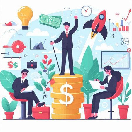 Businessman and businesswoman sitting on top of stack of coins. Successful startup concept. Flat vector illustration.のイラスト素材