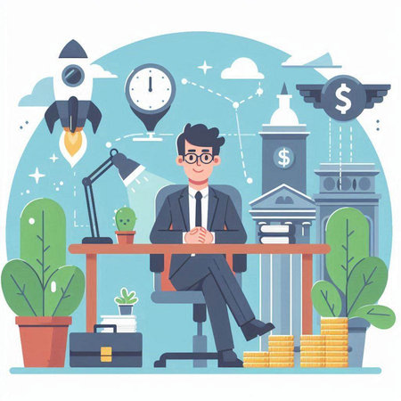 Businessman sitting at the table in office. Flat style vector illustration.のイラスト素材