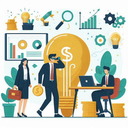 Business people with lightbulb and money, vector flat illustration.のイラスト素材